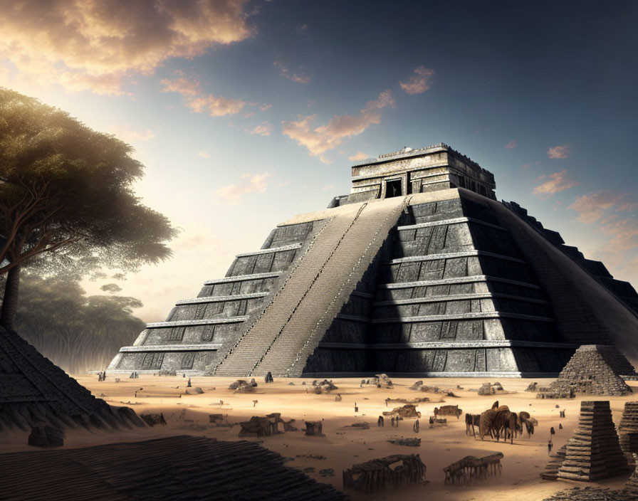 Ancient pyramid in desert landscape with smaller pyramids and dramatic sky