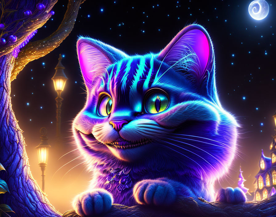 Glowing blue Cheshire Cat under crescent moon in digital art