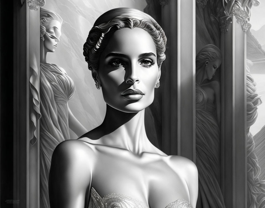 Grayscale artwork of woman in elegant dress with mirror reflections