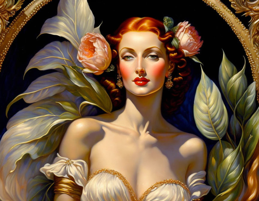 Stylized woman portrait with red hair, flowers, golden leaves, and feathers