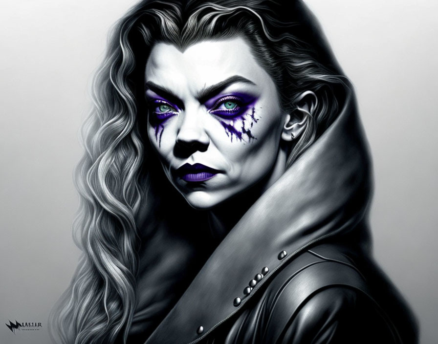 Monochrome portrait of woman with purple eye makeup and hooded cloak