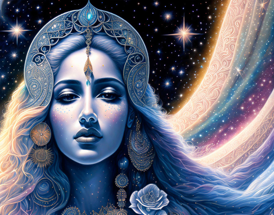 Detailed celestial woman illustration with ornate jewelry and cosmic backdrop