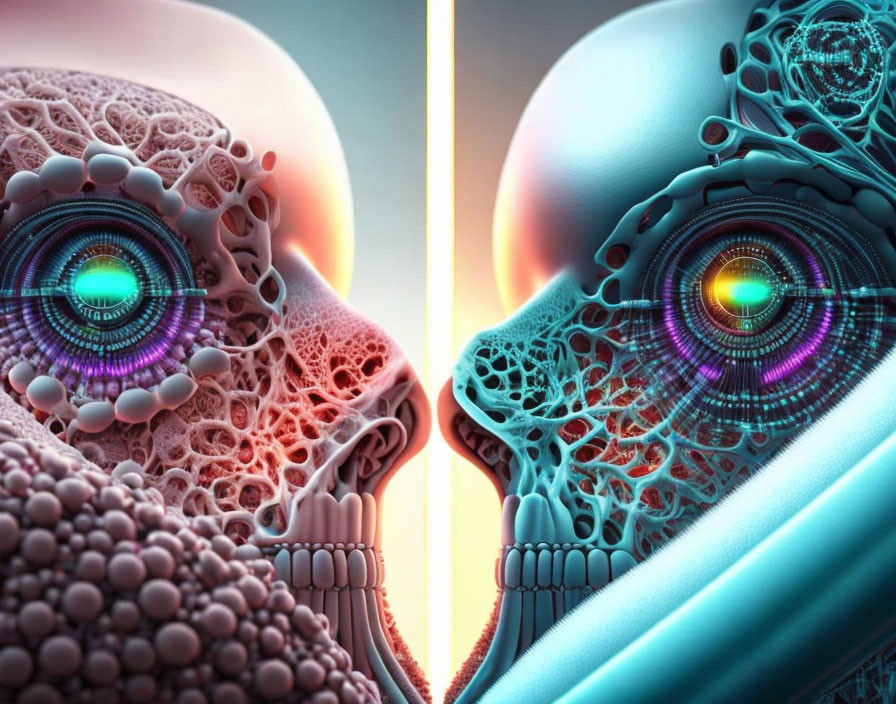 Symmetrical futuristic android faces with glowing eyes and intricate patterns