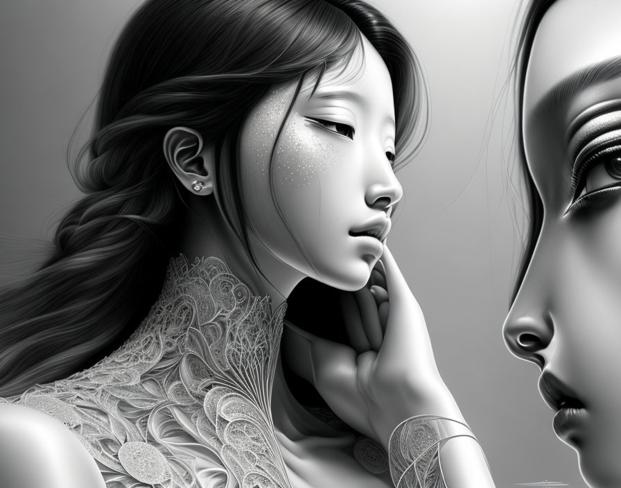 Detailed Monochrome Profile View Artwork of Two Women with Patterned Clothing