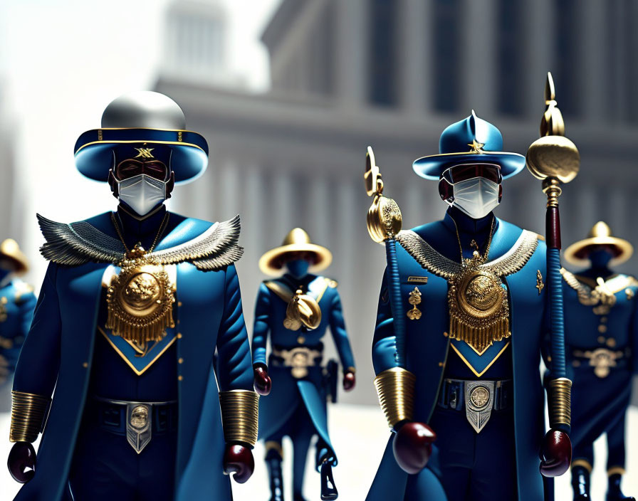 Ornate blue and gold attired figures with masks and staffs marching in formation