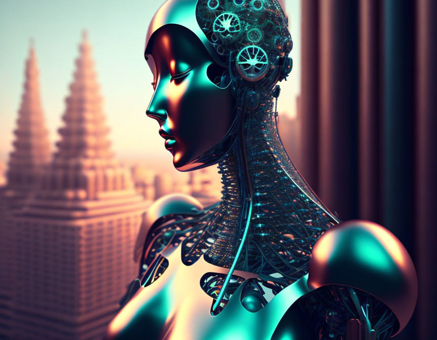 Humanoid robot with gears in head against urban skyline.