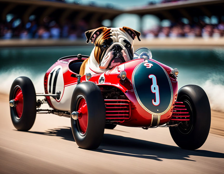 Bulldog in goggles drives vintage racing car on bridge - motion captured