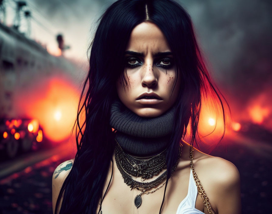 Dark-haired woman with tattoo, neck warmer, and jewelry against fiery chaos backdrop
