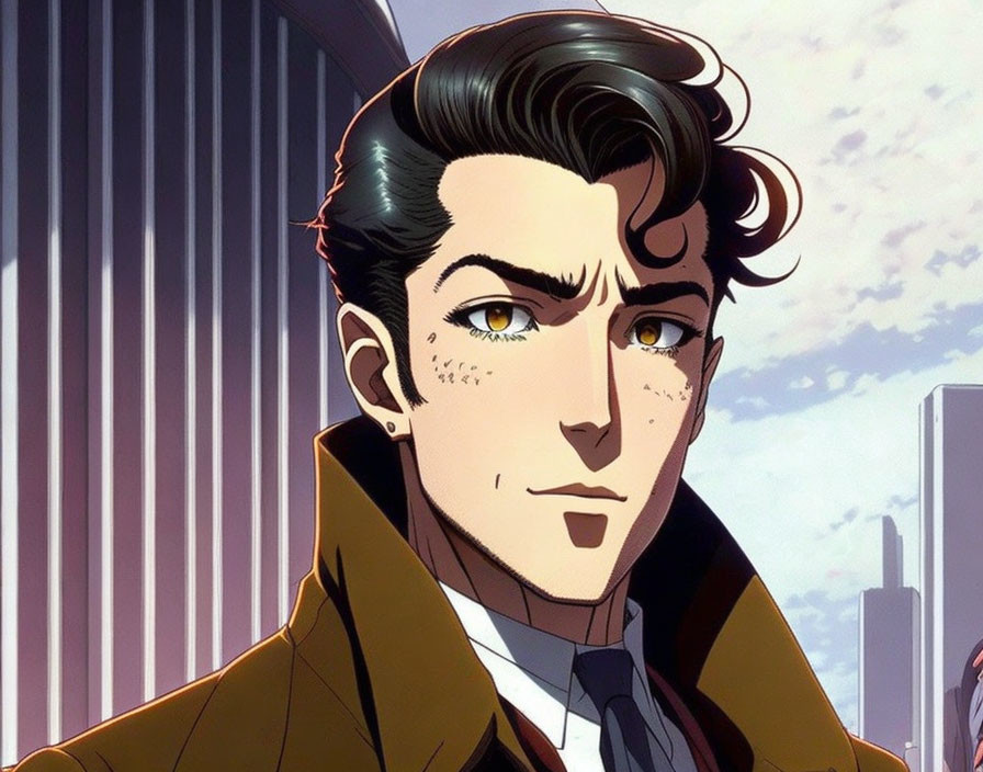 Illustrated character with dark hair, tan overcoat, blue tie, and freckles on vertical