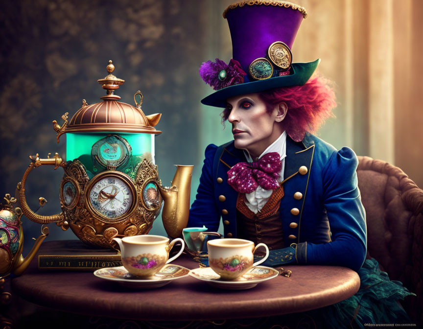 Person in flamboyant outfit with large hat at ornate tea table in surreal setting