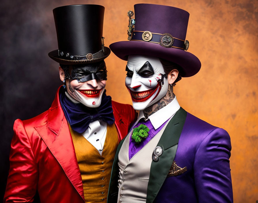 Colorful clown costumes with top hats and creepy makeup on smoky orange backdrop