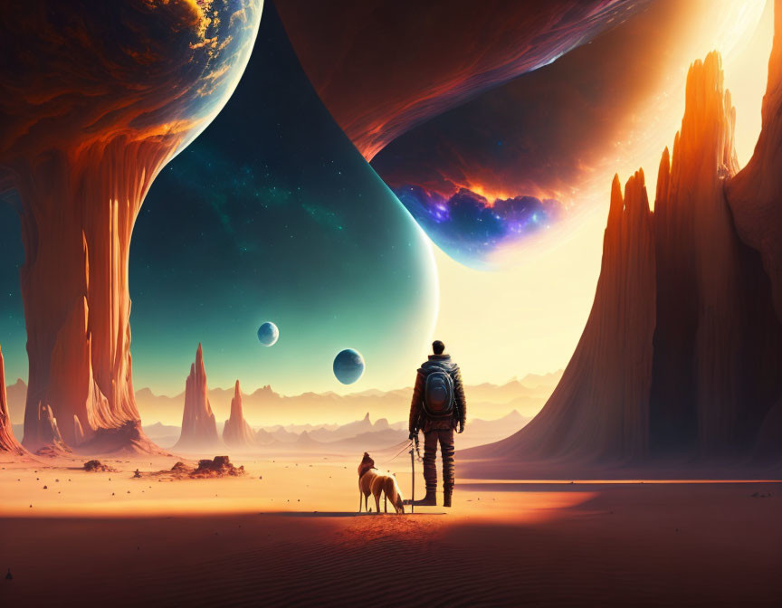 Astronaut and dog on alien planet with rock formations, moons, and galaxy