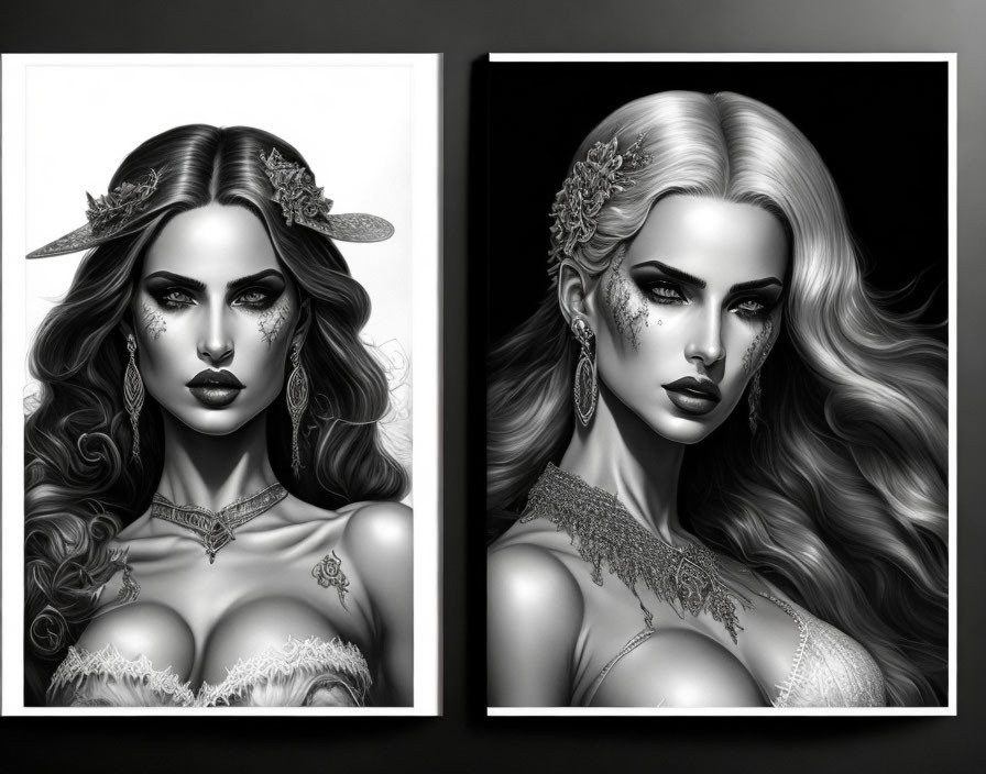 Monochrome digital illustrations of a woman with detailed makeup, jewelry, and flowing hair on contrasting backgrounds