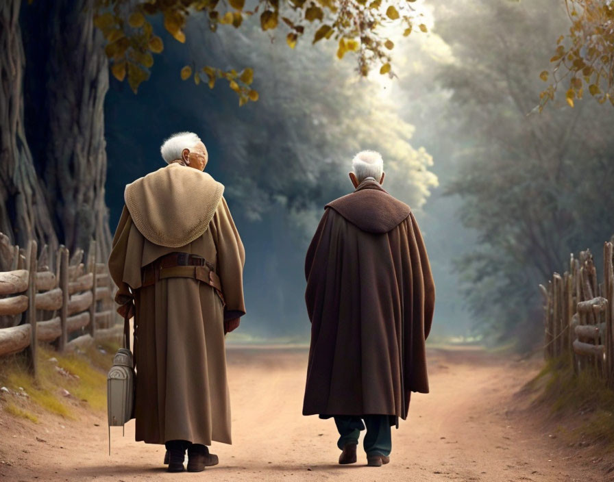 Elderly individuals in cloaks stroll on peaceful autumn path