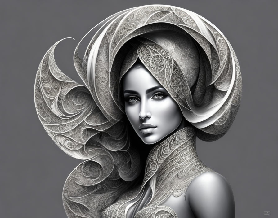 Monochrome portrait of woman with intricate hair swirls