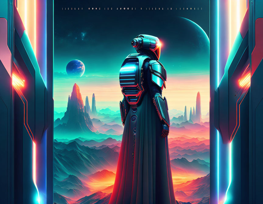 Futuristic figure in robe and helmet on alien landscape with rock formations