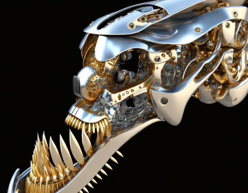 Detailed 3D rendering of mechanical skull with gold and chrome components