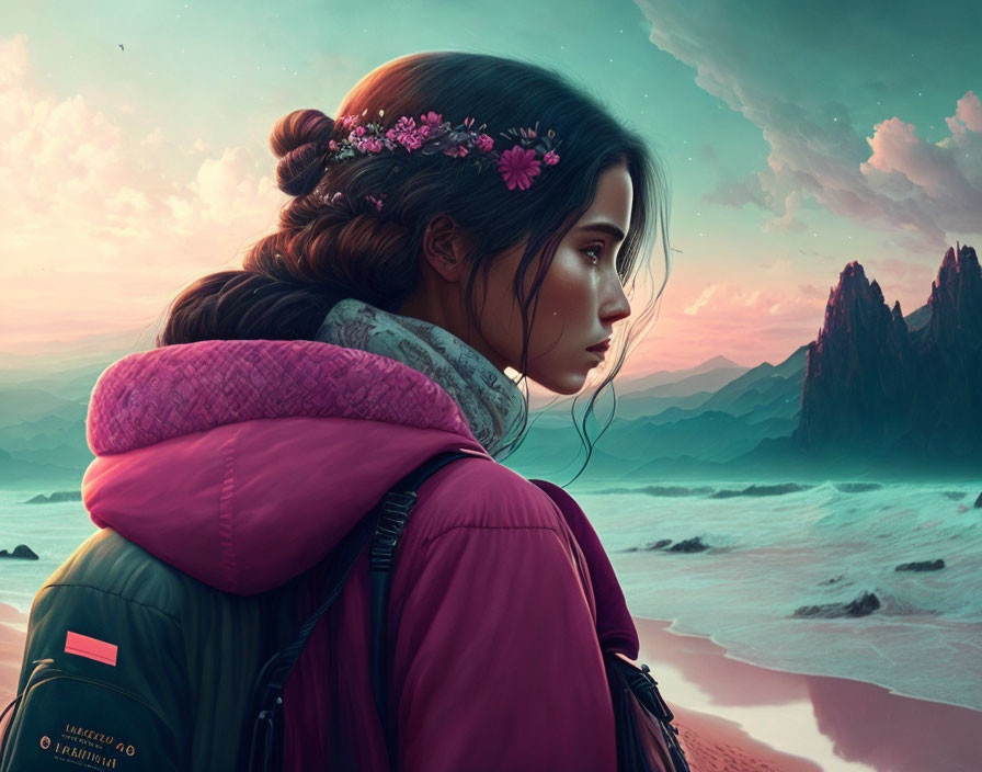 Woman with flower-adorned braid in surreal landscape at dusk