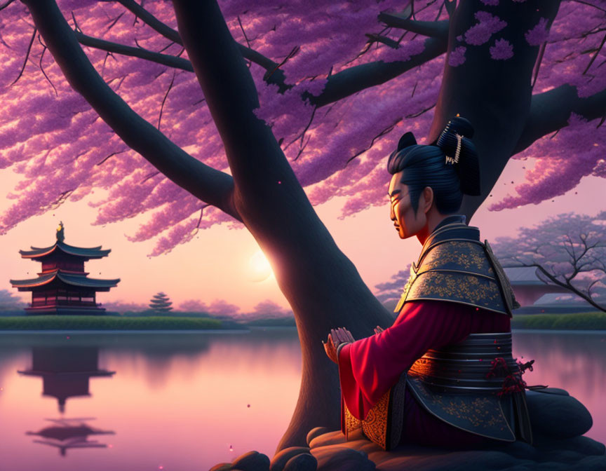 Serene animated character meditating under cherry blossoms