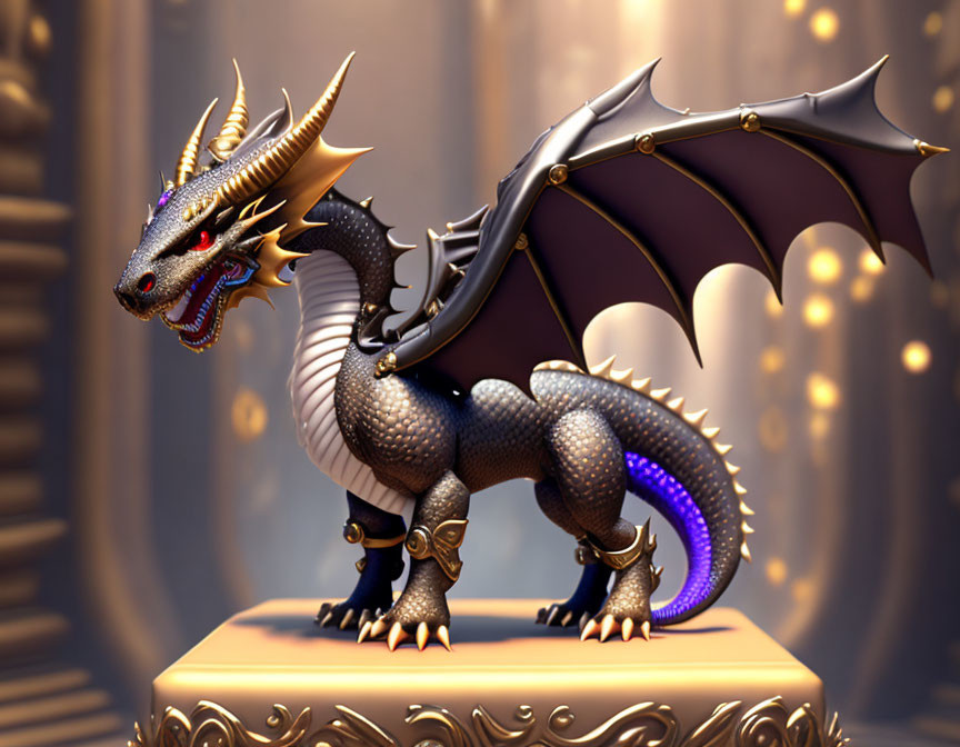 Golden-horned dragon on pedestal in 3D rendering