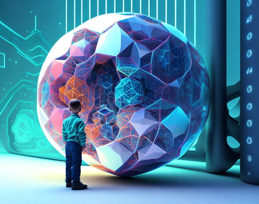 Child in Neon-Lit Room Observing Complex Geometric Sphere