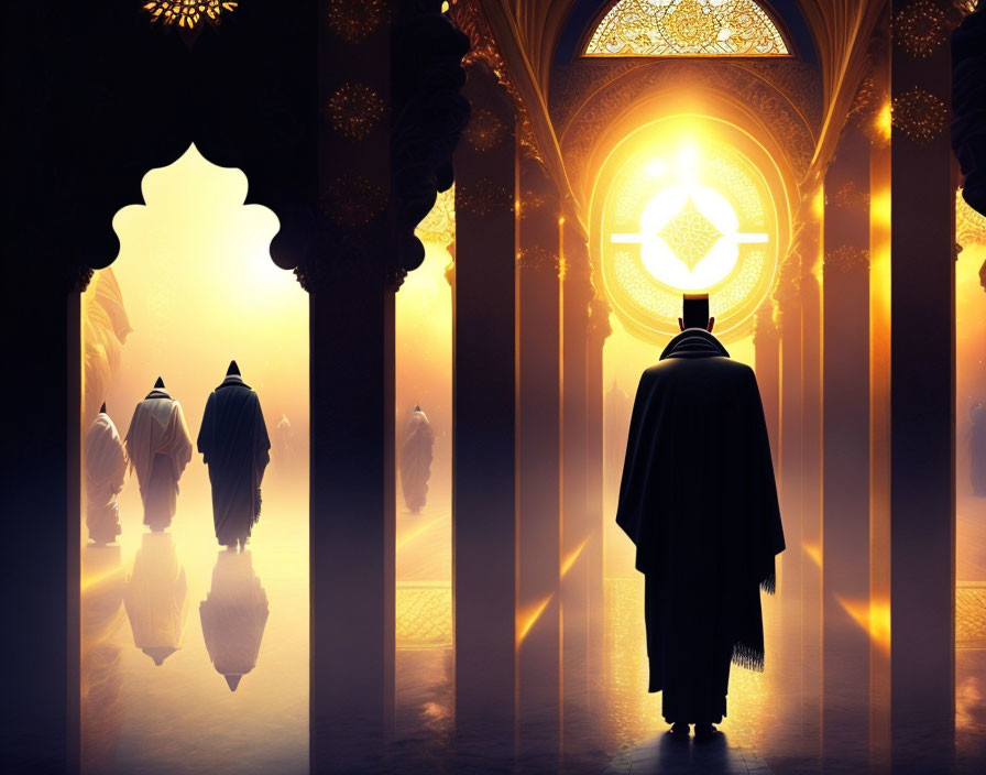 Cloaked Figures Walking Towards Glowing Symbol in Ornate Hall