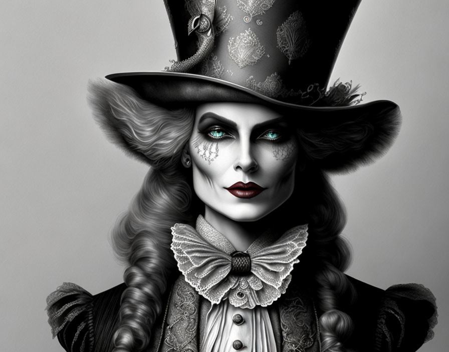 Monochromatic portrait of person with elaborate top hat and green eyes
