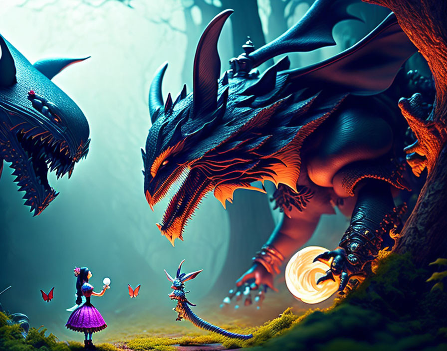 Digital artwork of girl and dragon in mystical forest