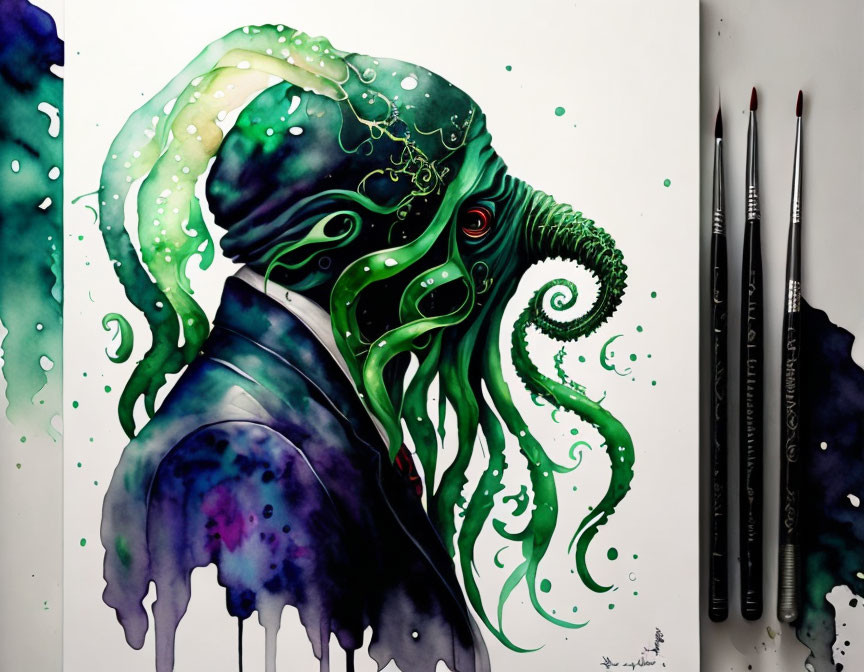 Colorful Octopus Illustration with Watercolor Effects and Art Supplies