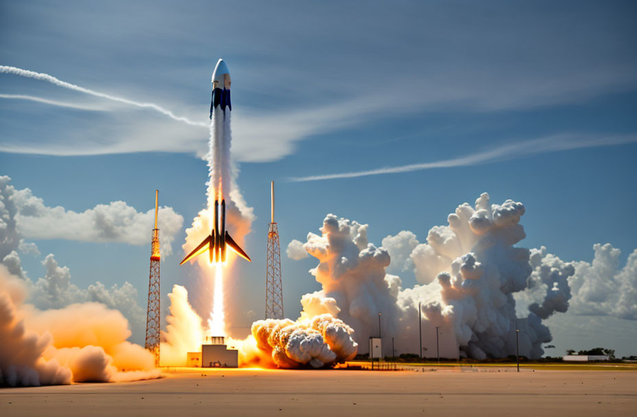 Daytime rocket launch with billowing smoke and fire in clear blue sky.