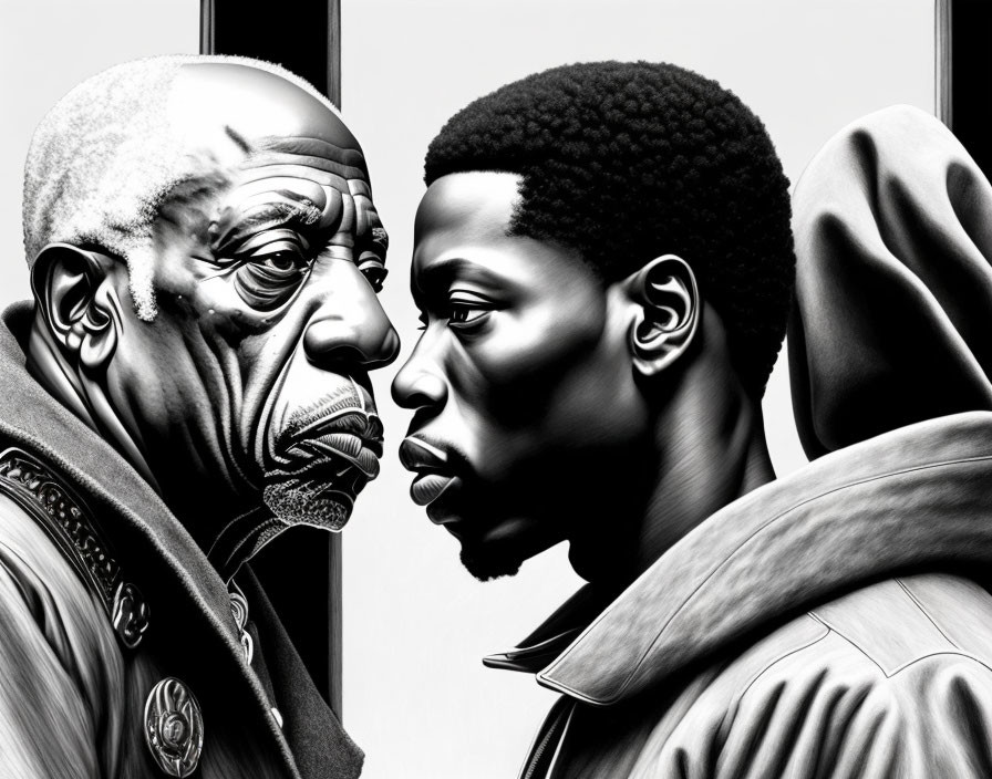 Realistic black and white illustration of two men: one older with wrinkles and one younger in a hoodie