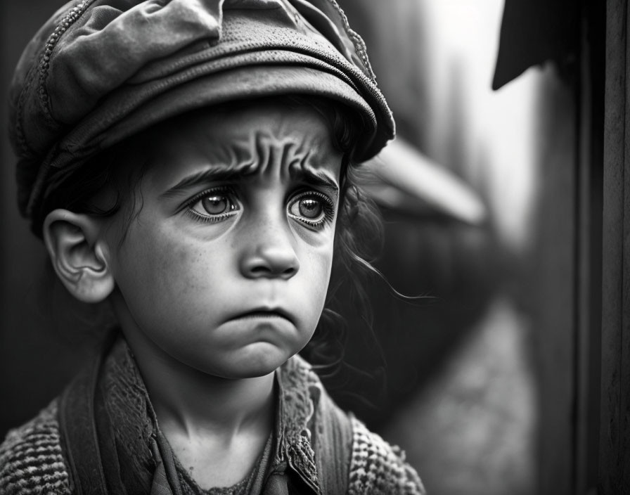 Monochrome portrait of a child in vintage attire gazing into the distance