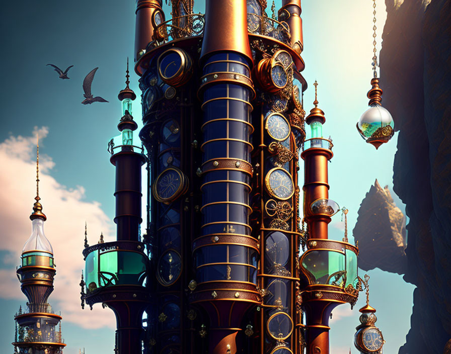 Steampunk tower with metalwork, round windows, and spires against blue sky.