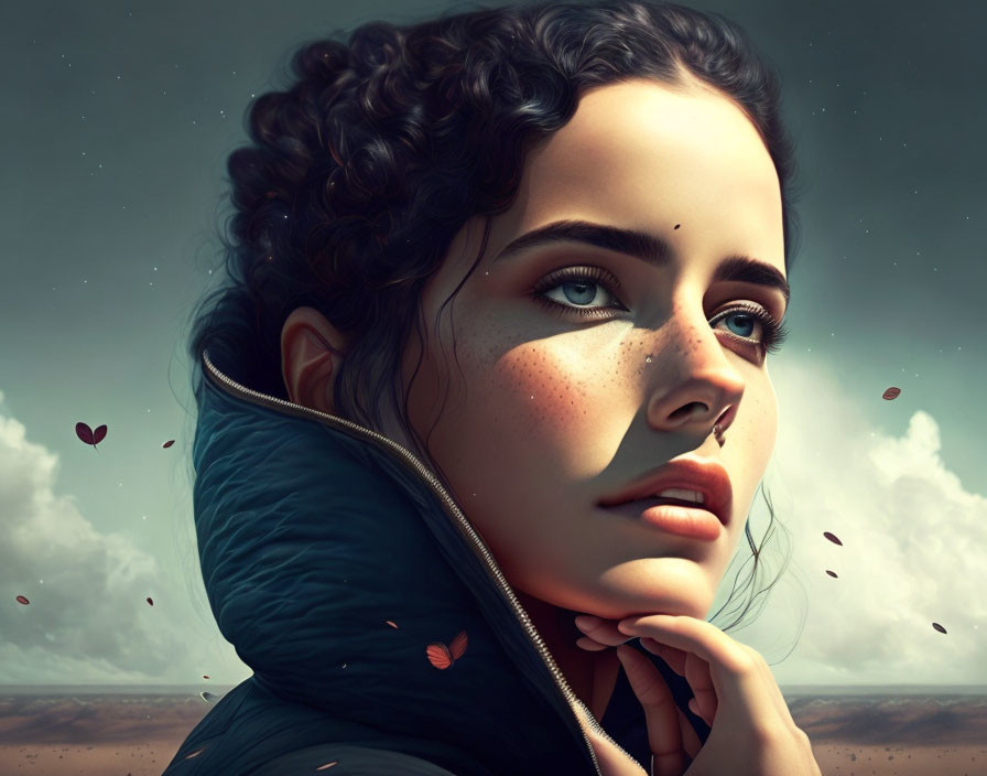 Digital artwork: Woman with curly hair and green eyes in contemplation against cloudy desert sky with floating hearts