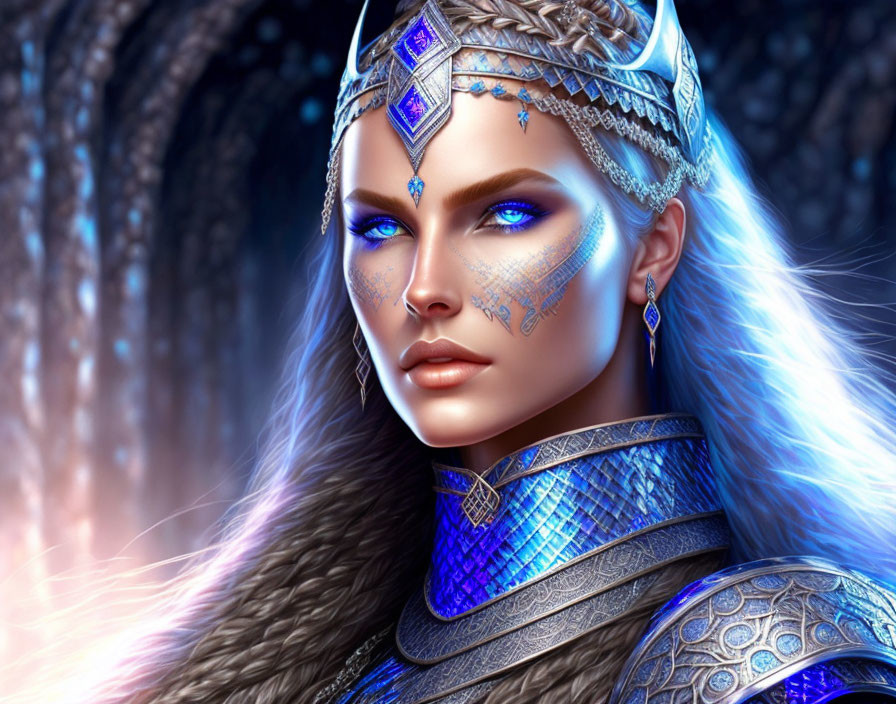 Fantasy digital artwork: Elven queen with blue eyes in silver armor