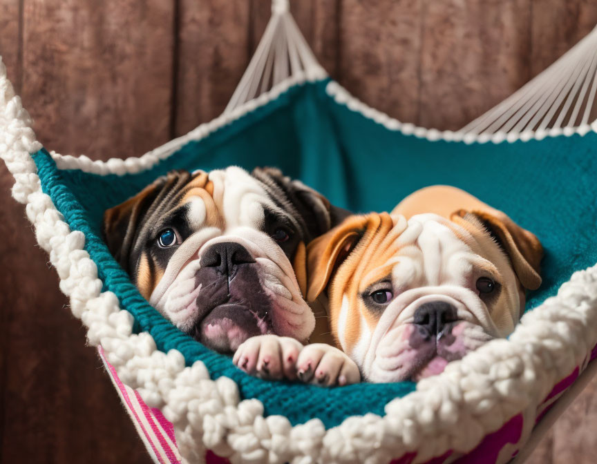 Bulldog Puppies Relaxing in Colorful Hammock