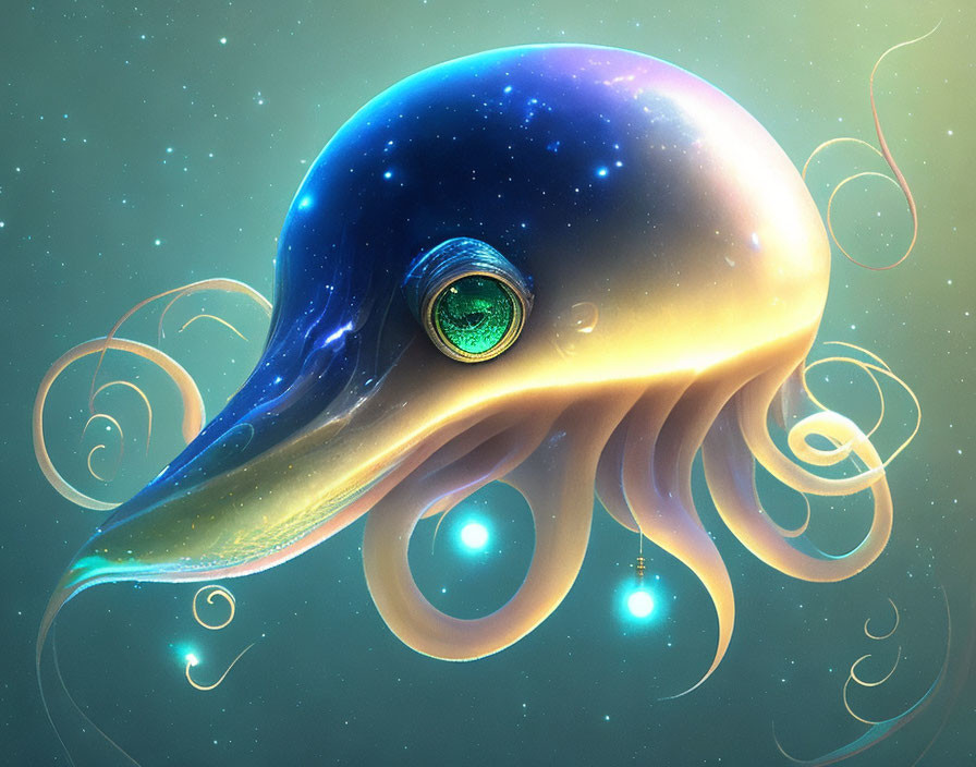 Surreal octopus illustration with transparent head and cosmic theme