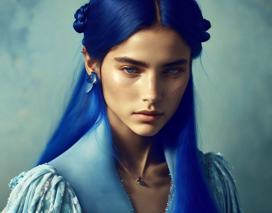 Blue-haired person with buns, blue eyes, attire, and glitter on face on blue background