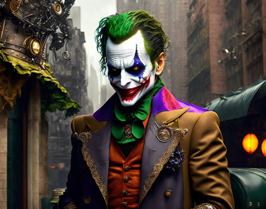 Person dressed as Joker in cityscape with green hair and white face paint