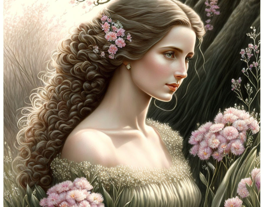 Illustrated Woman with Curly Hair and Pink Flowers in Serene Setting