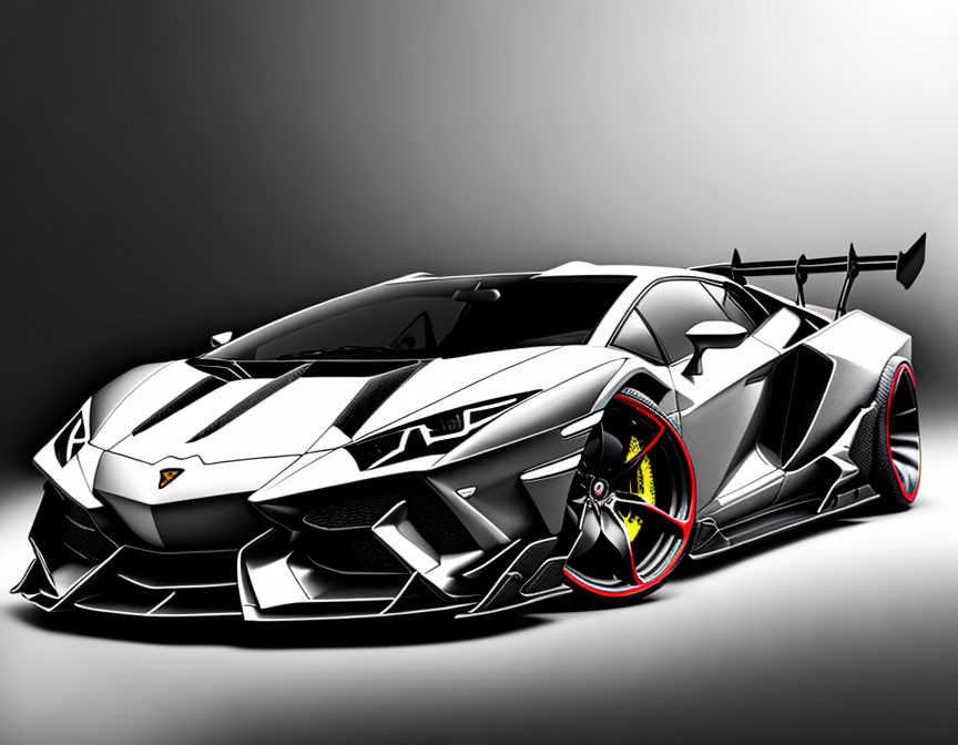 Black and White Lamborghini Sports Car with Aerodynamic Design and Red Rims