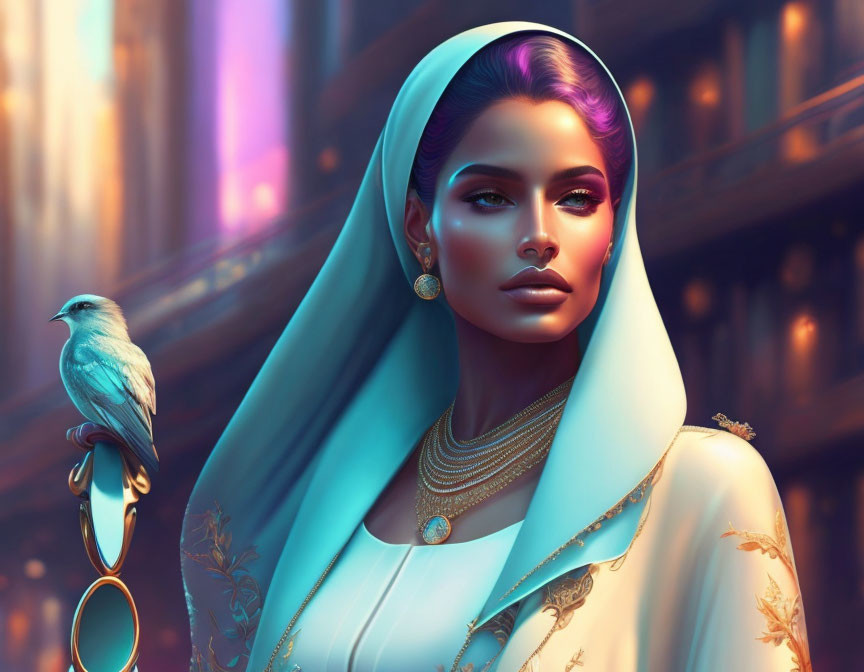 Stylized woman in white hijab with gold accents, bluebird on hand, against blurred architecture