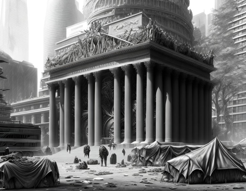 Monochrome image of neo-classical building in dystopian cityscape