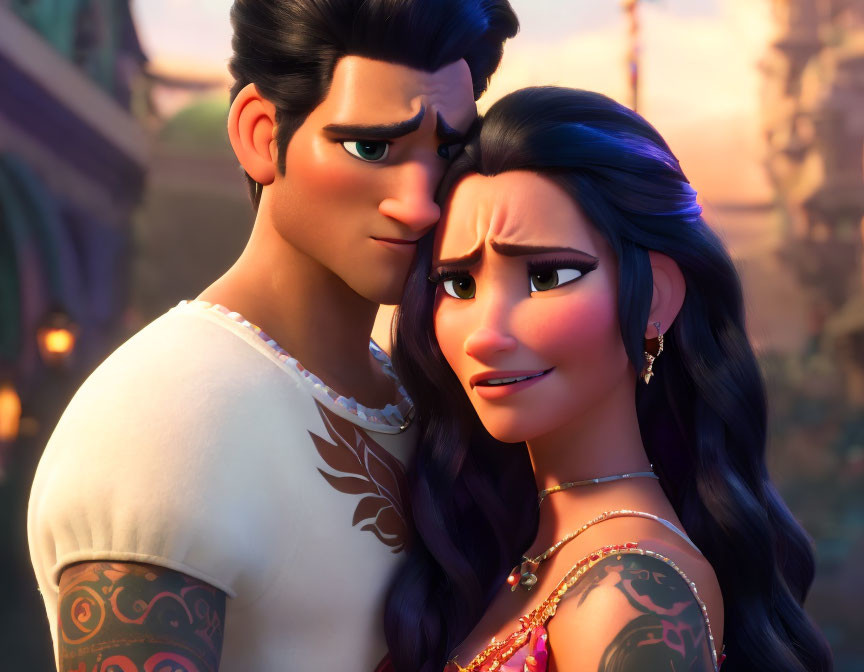 Animated characters with intricate tattoos sharing a tender gaze in a romantic scene