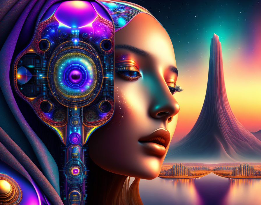 Digital artwork of female figure with cybernetic components in cosmic setting
