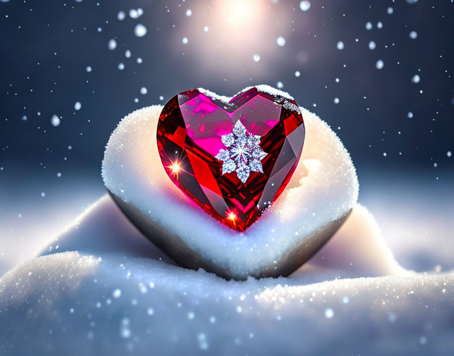 Heart-shaped ruby on snow mound with snowflakes under twilight sky