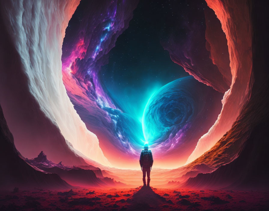 Person facing cosmic vortex with vibrant colors and distant planet on rocky terrain under starry sky