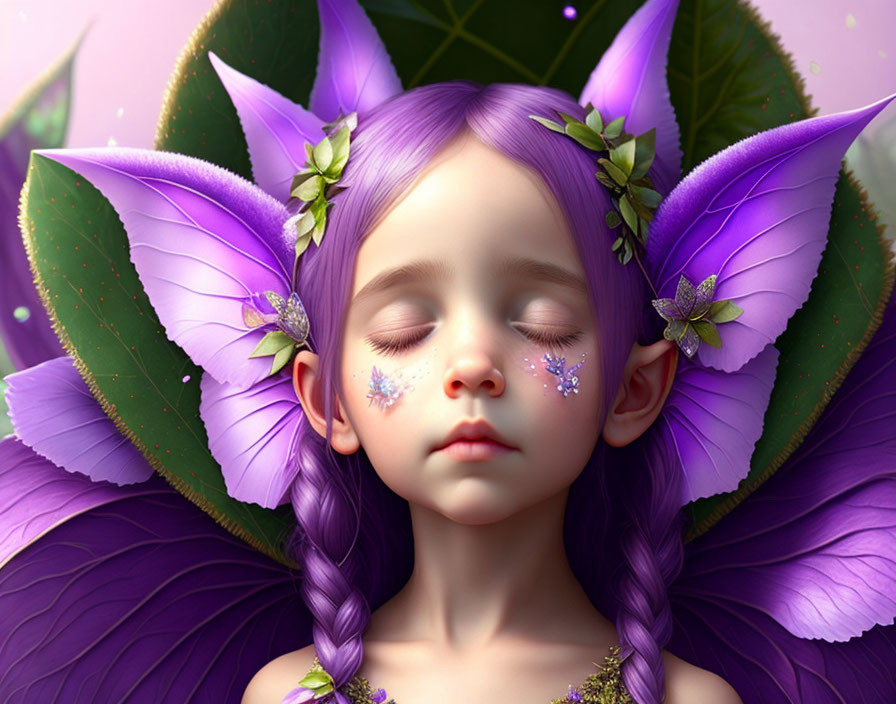 Young girl digital artwork with purple fairy wings and floral braids.