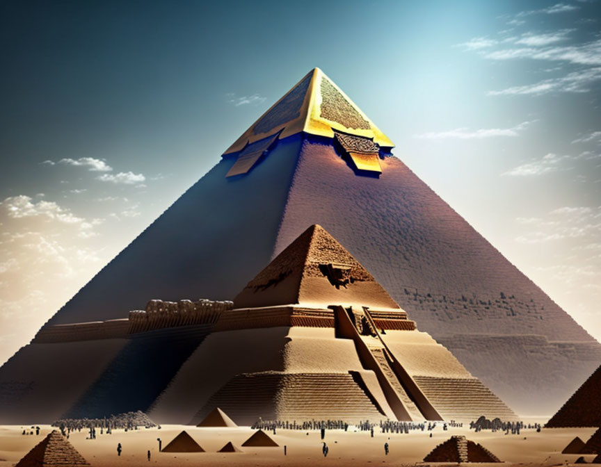 Digital illustration: Great Pyramid with golden capstone, figures at base, smaller structures, bright sun