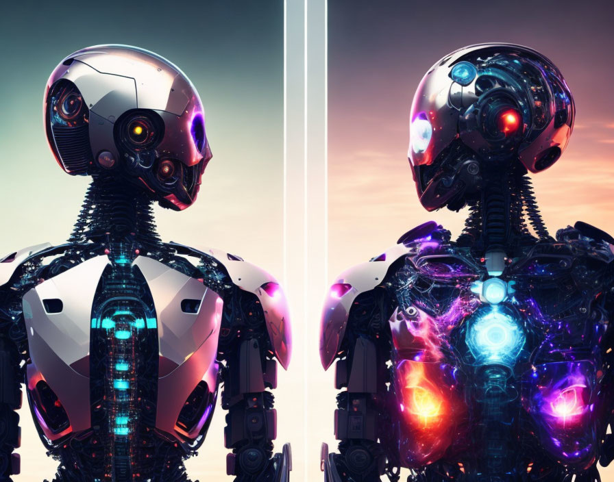 Futuristic robots with intricate designs in dusk setting